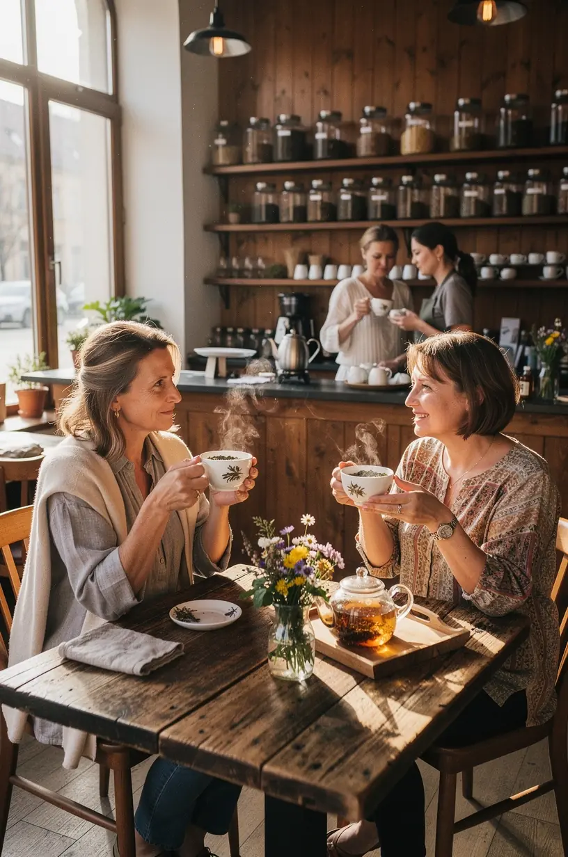 Natūralus žolelių arbatos puodelis ant medinio stalo, šalia sveikos gyvensenos knygų ir šviežių žolelių.