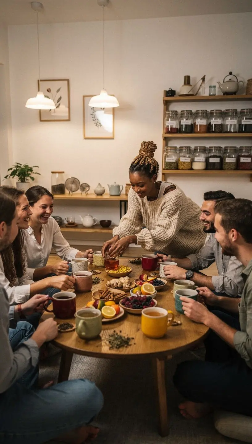 Arbatos lapų ir džiovintų žolelių kompozicija ant balto stalo, simbolizuojanti natūralią sveikatos priežiūrą be medikamentų.